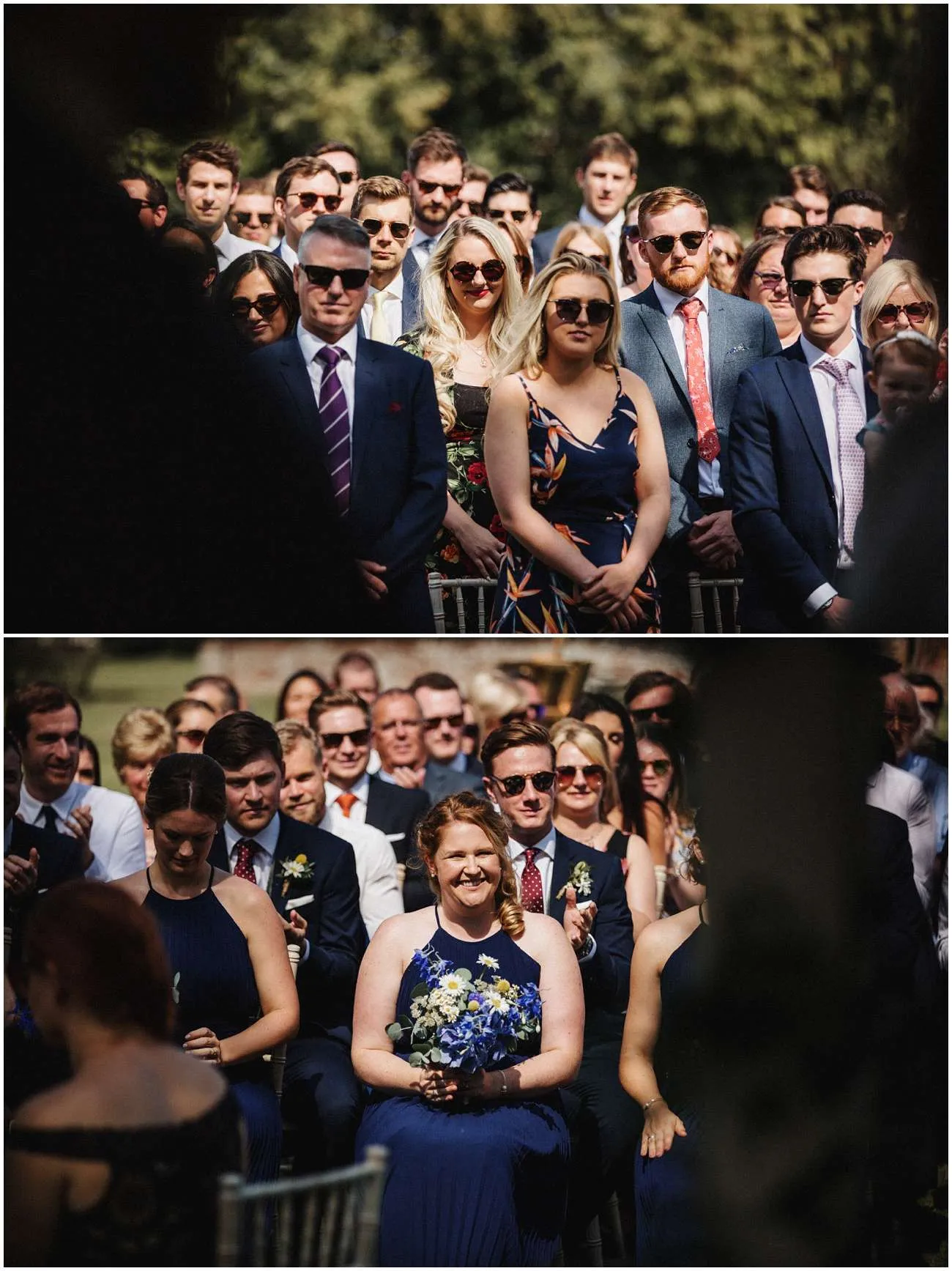 The wedding guests smile and look on during the ceremony