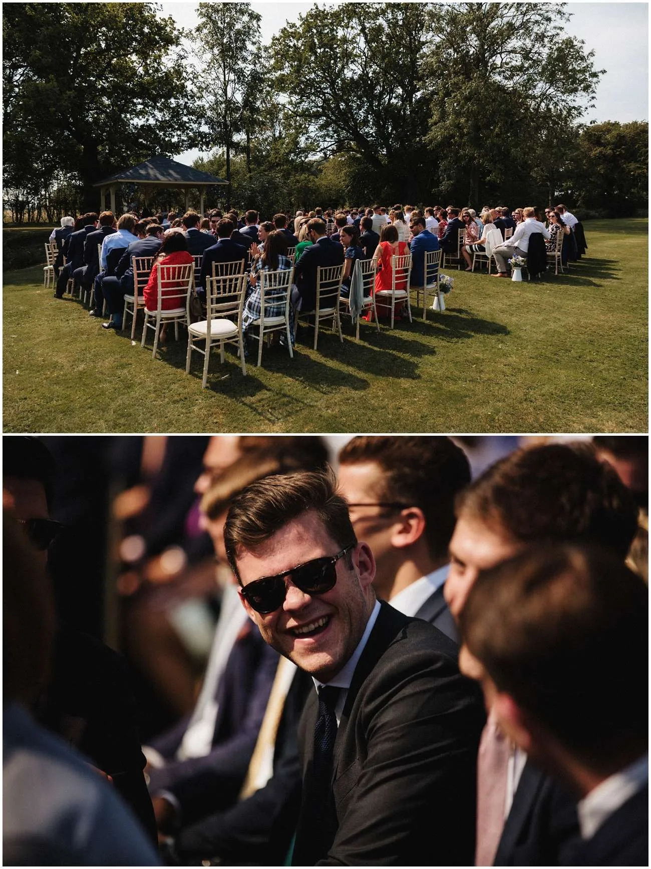 The wedding guests enjoy the sunshine as they sit during the ceremony