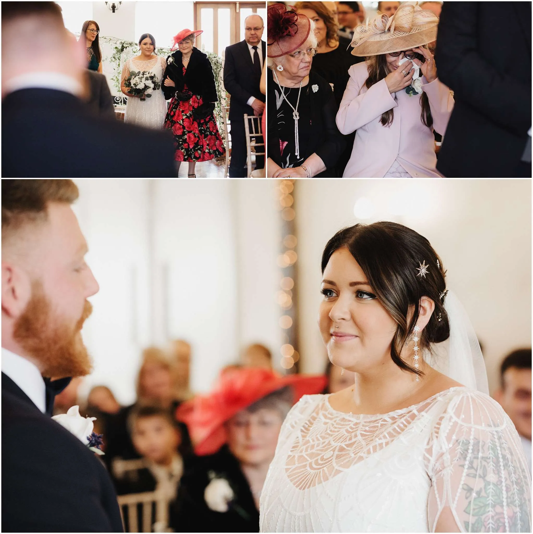 The bride walks down the aisle with her mum and the grooms mum gets emotional when they see each other for the first time