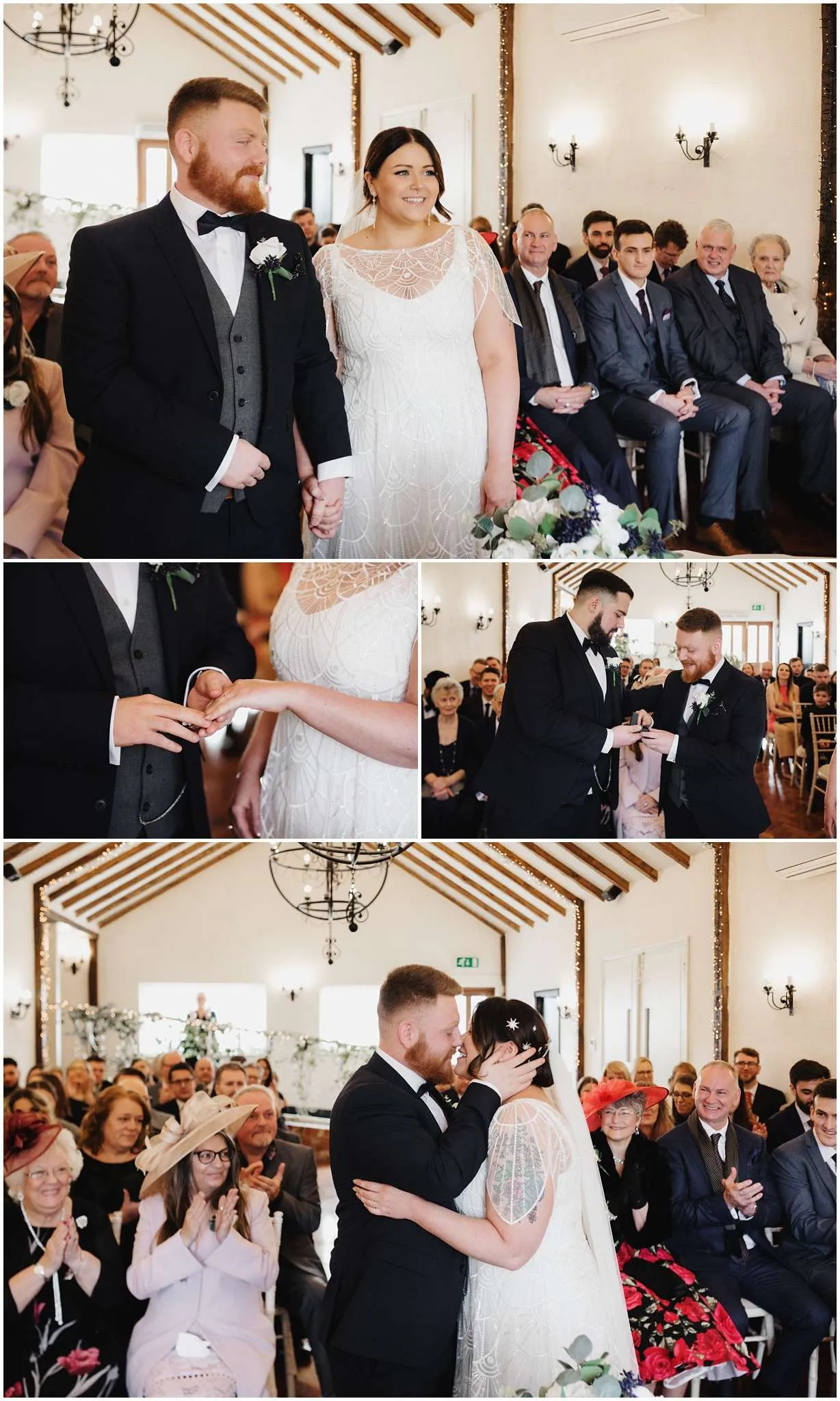The bride and groom exchange wedding rings and kiss at the altar during the ceremony