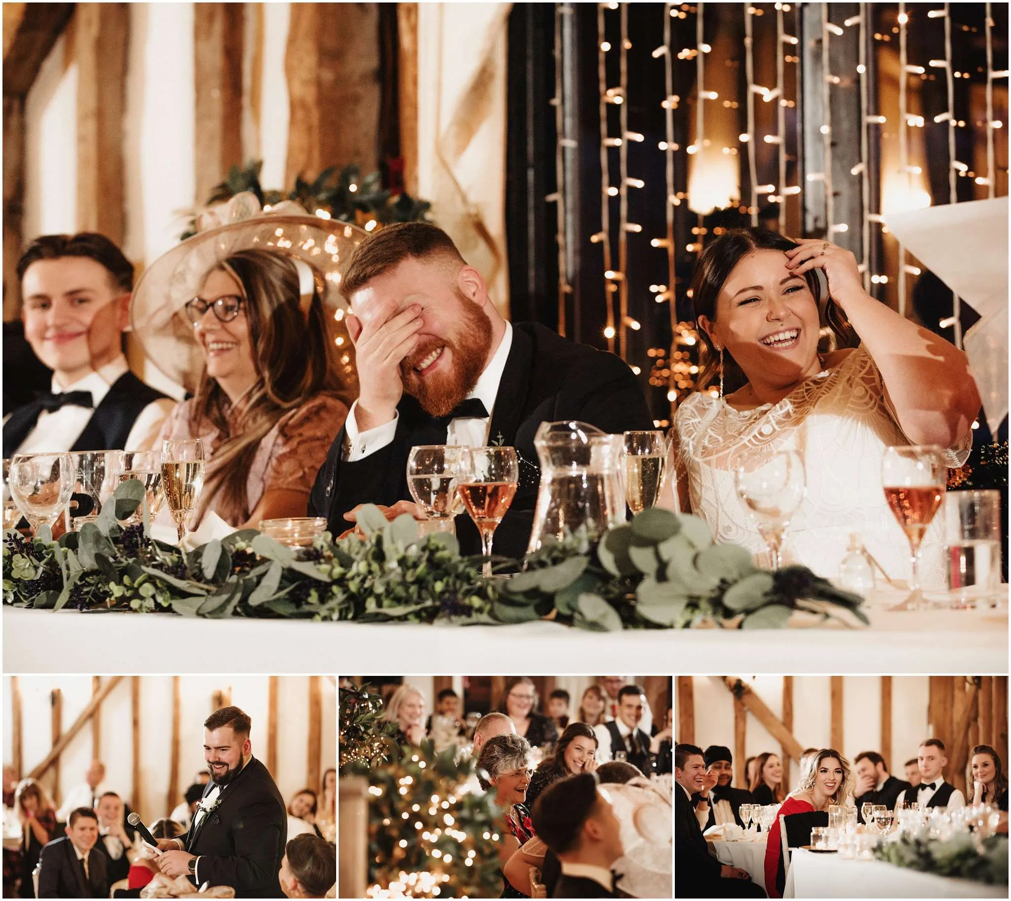 Laughter during the speeches in the wedding reception area at Crondon Park