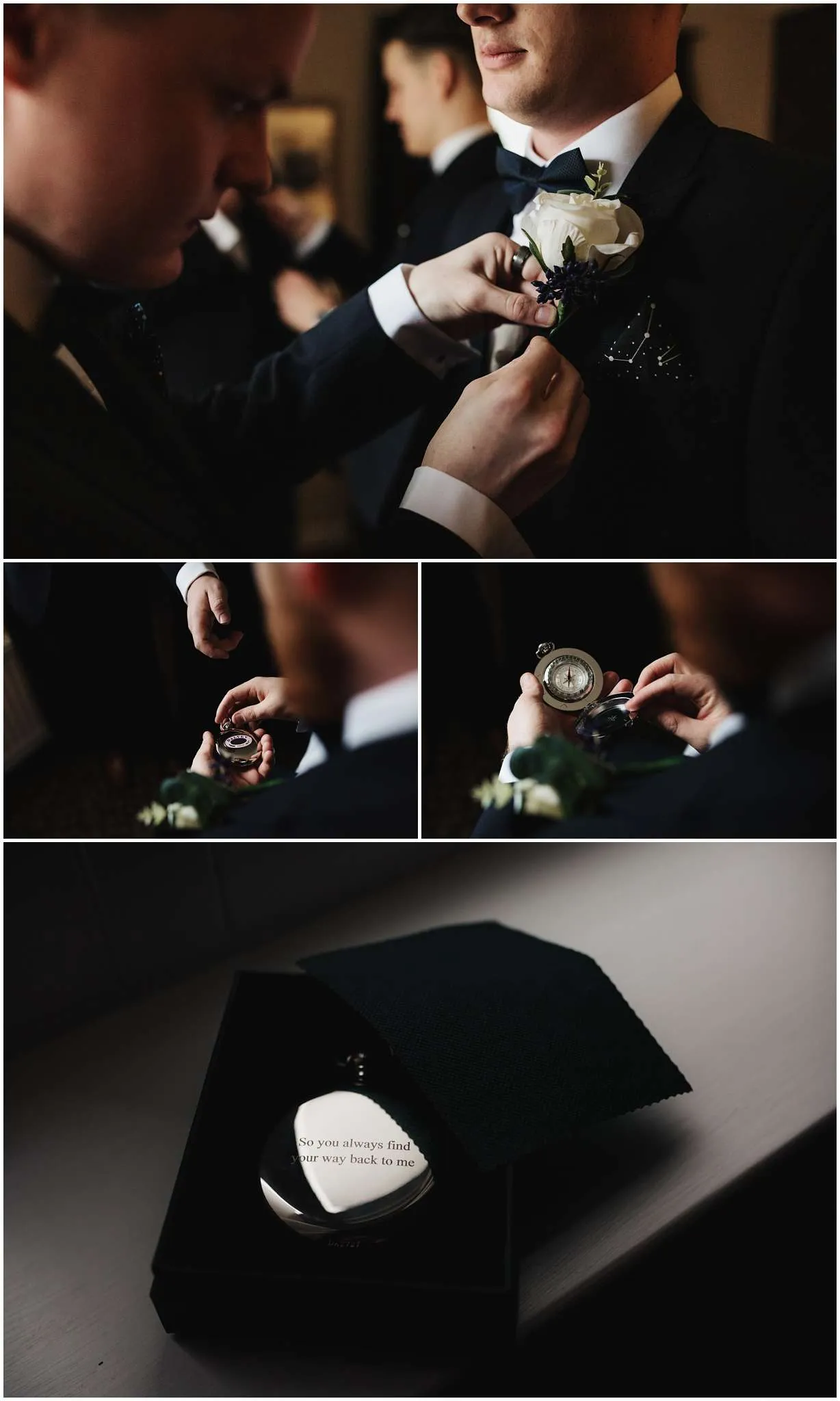 The groomsmen attach the button holes and the groom receives a compass as a gift