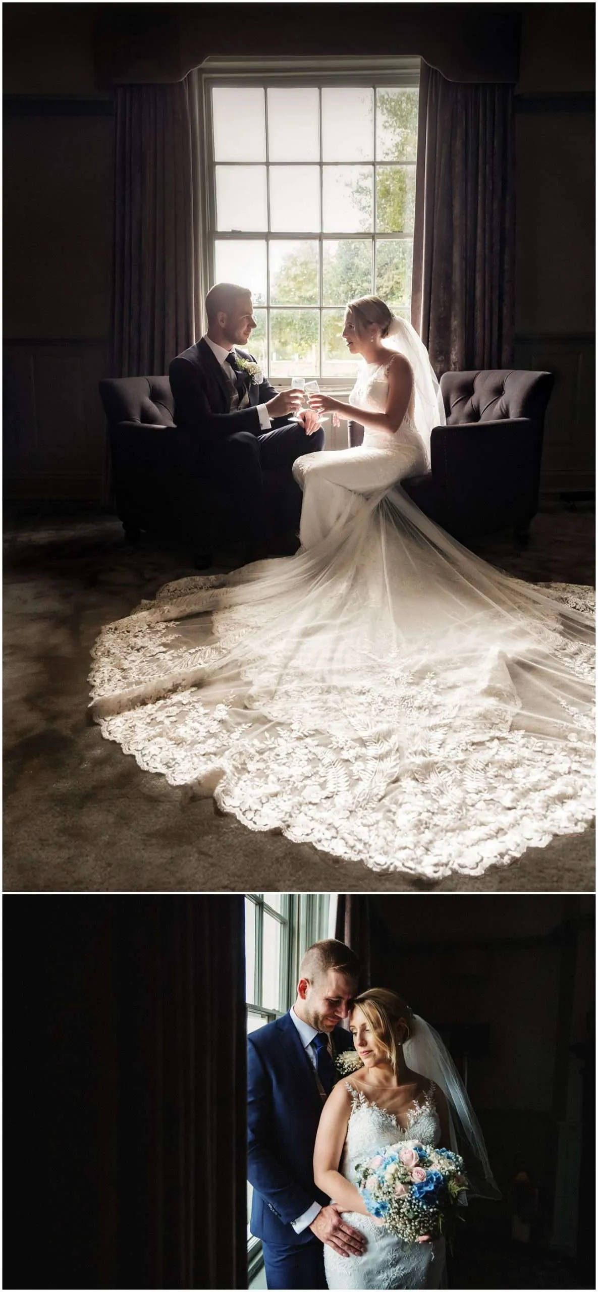 Bride and groom drinking champagne in the cottage and taking a moment together by the window