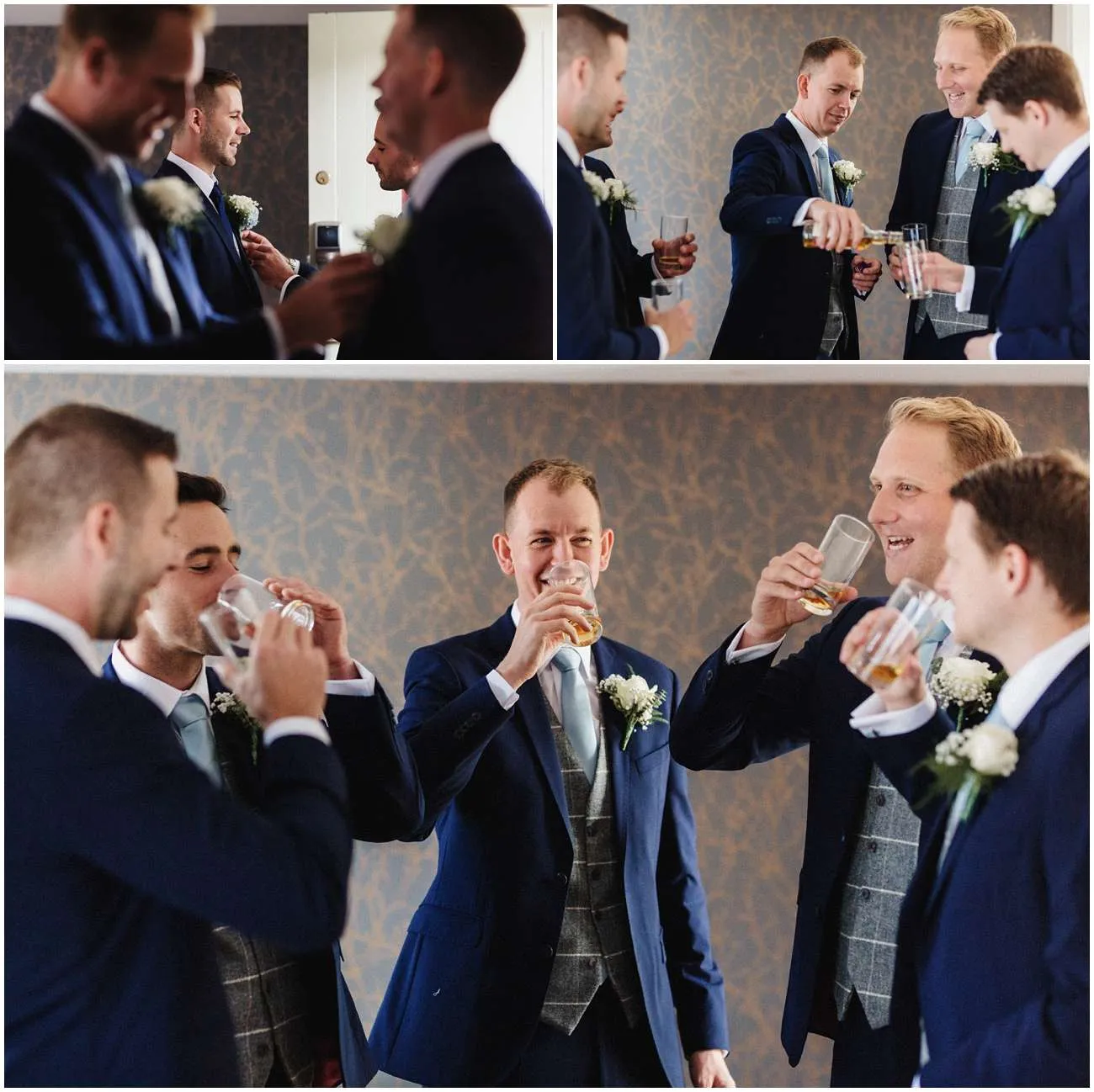 The groomsmen drinking whisky in their suits