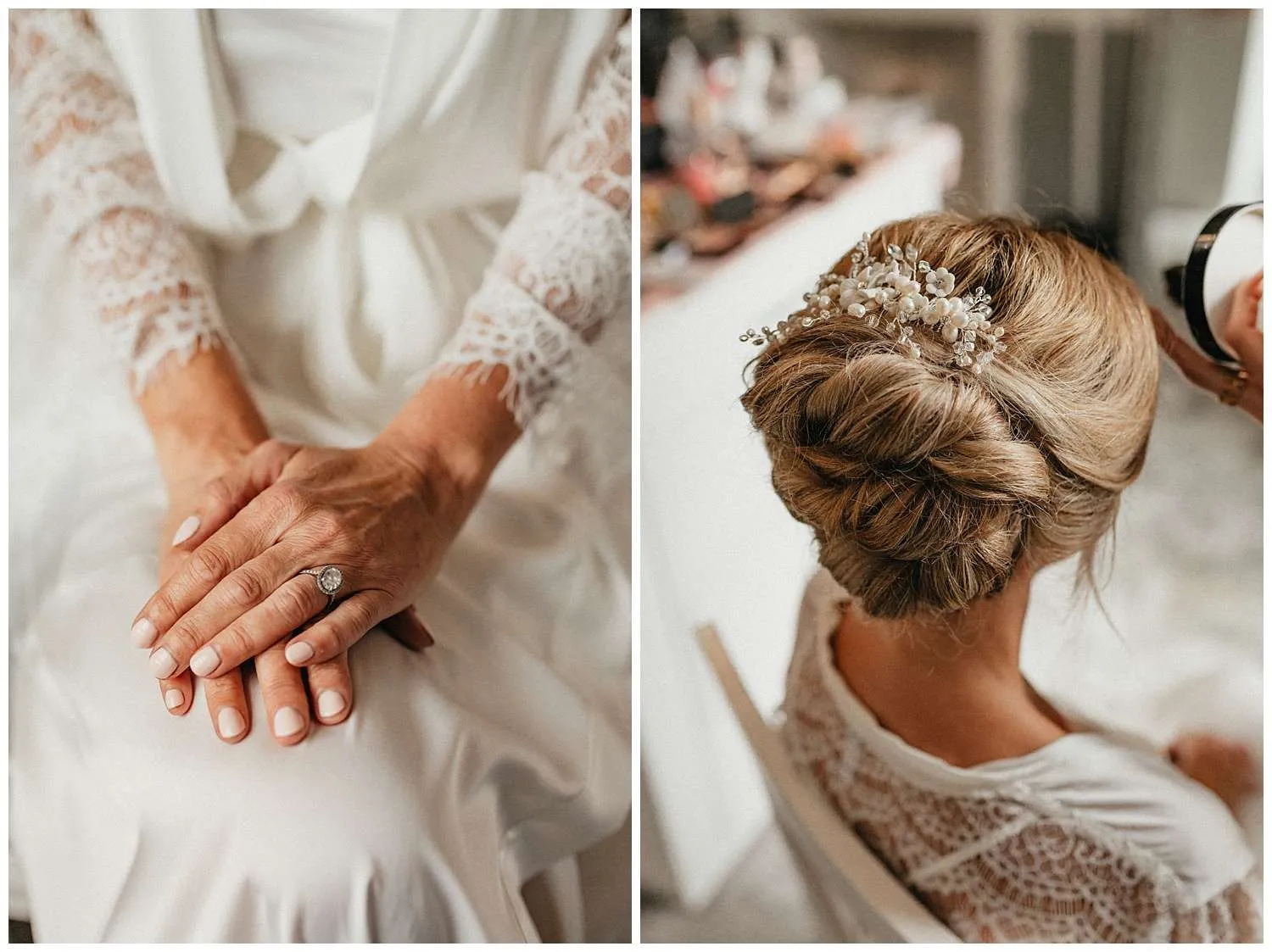 The brides hair and her engagement ring