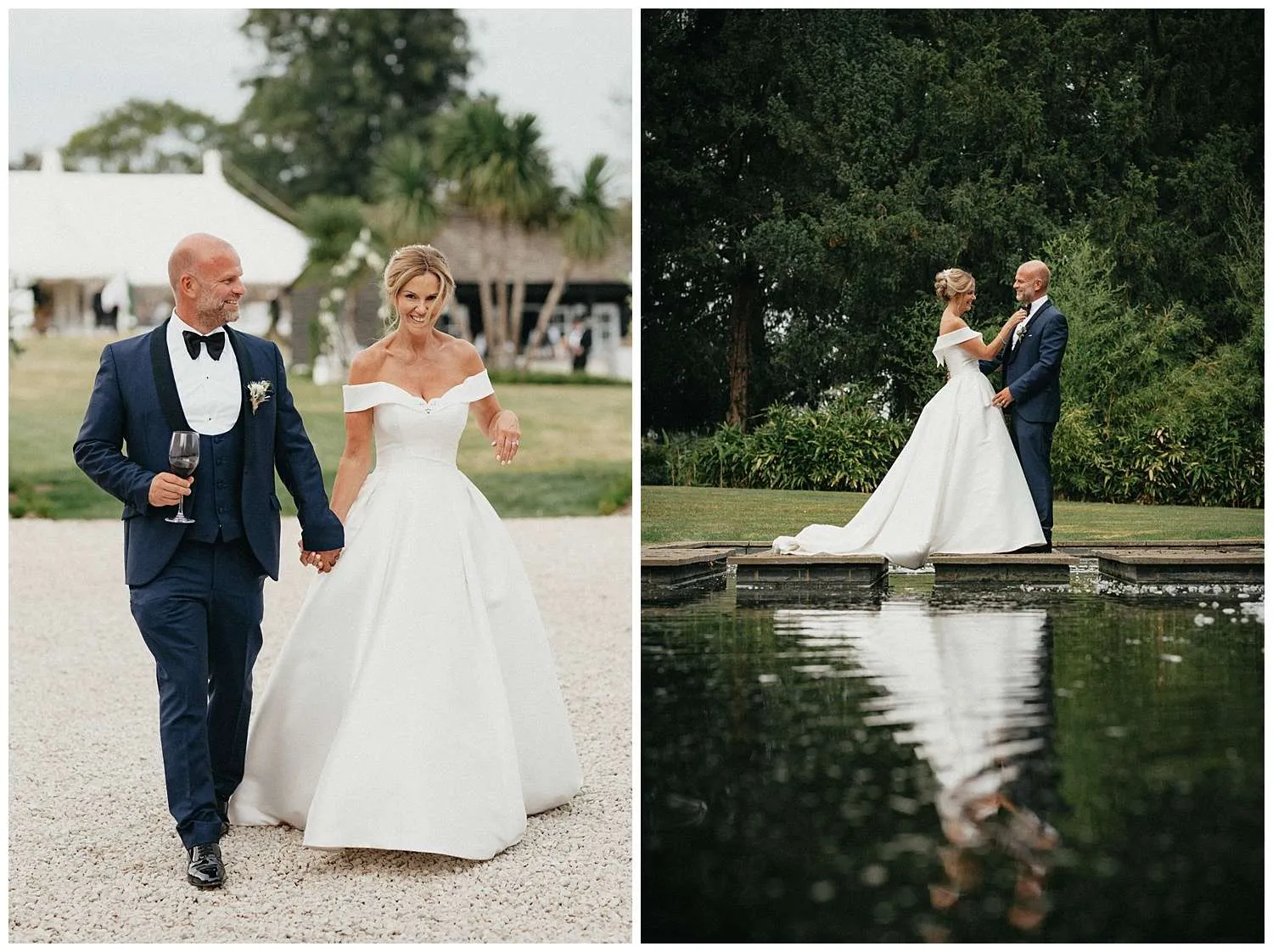 Bride and groom walking and cuddling up