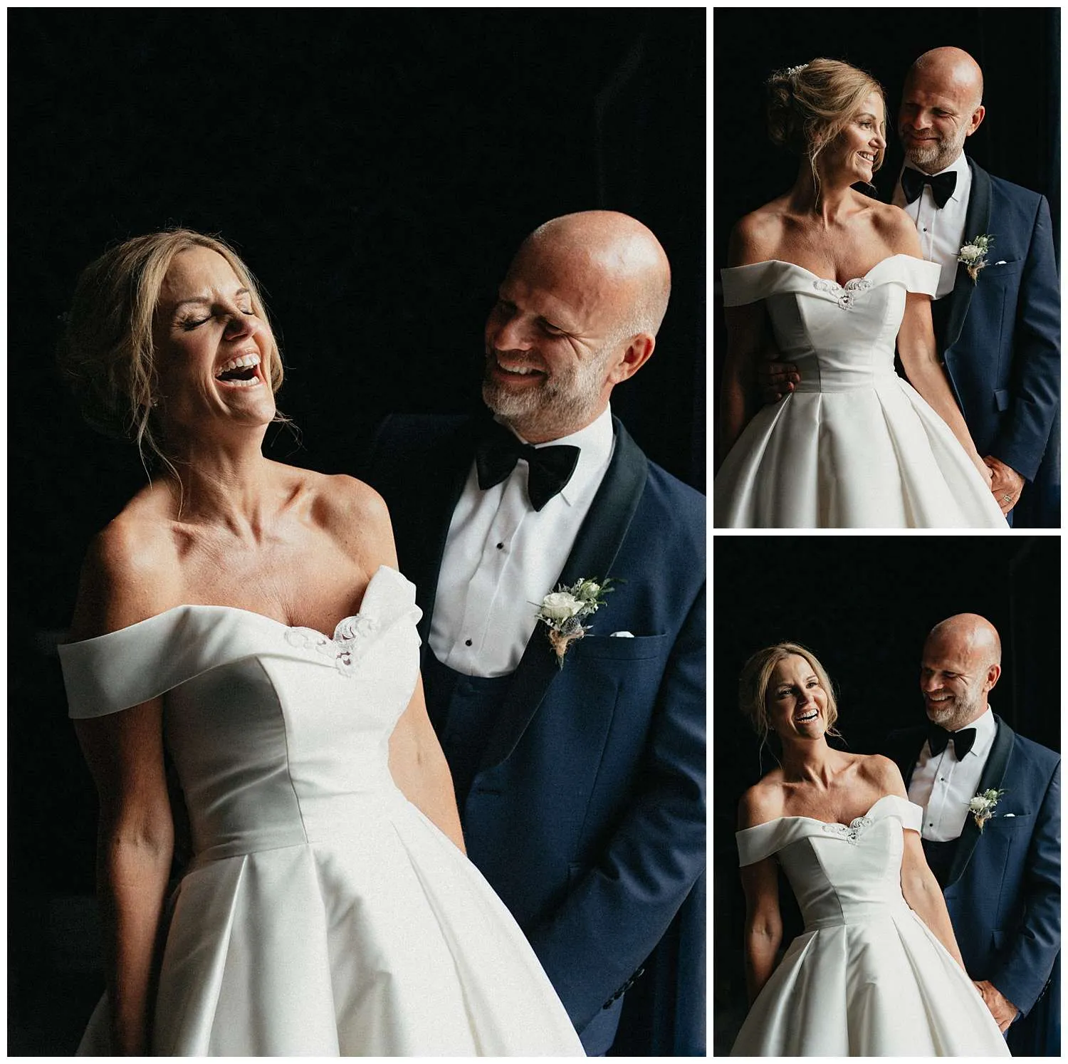 The bride and groom laughing together