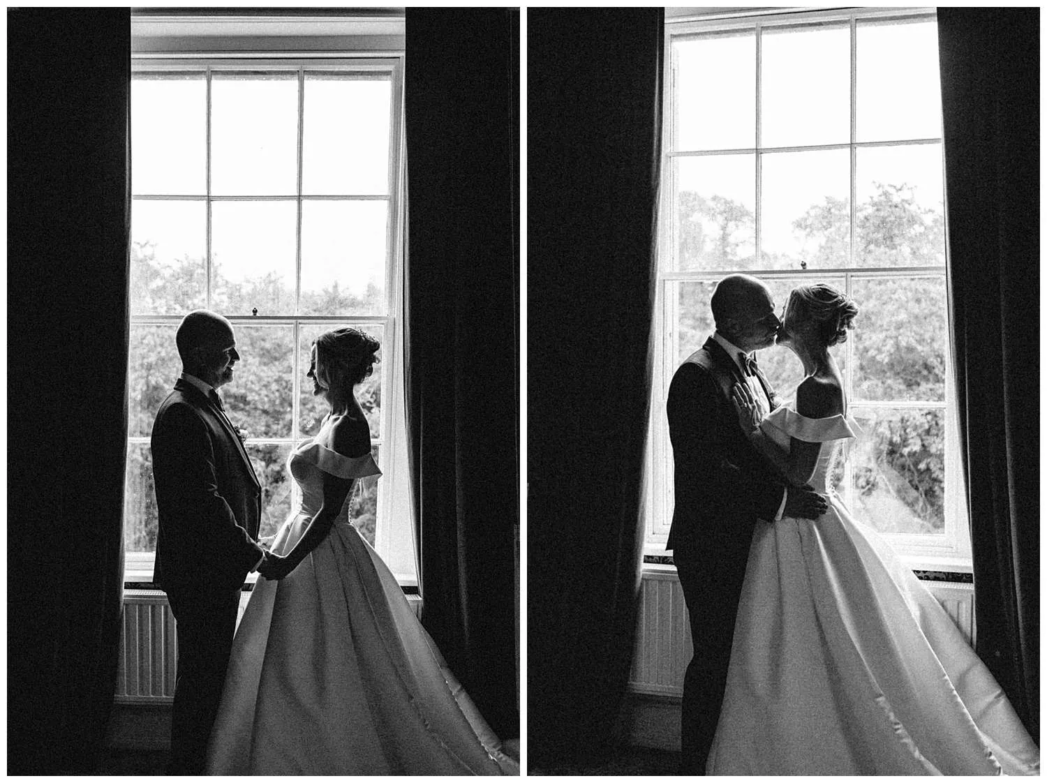 Black and white image of the couple by the window