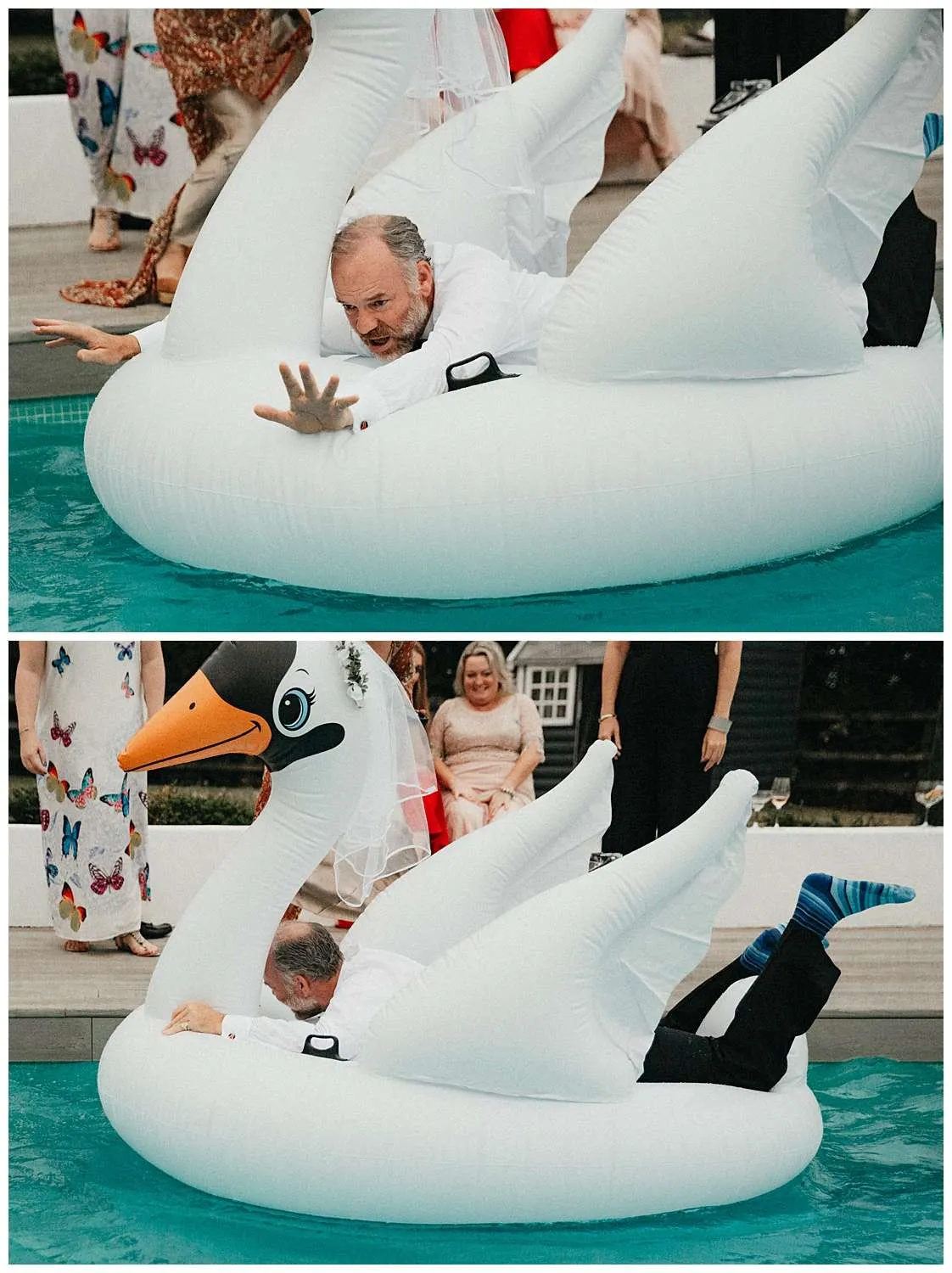 Colchester Wedding Photography - guest jumps on inflatable pool swan