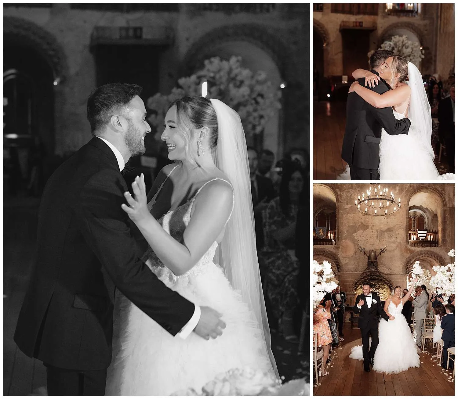Hedingham Castle Wedding Photographer - the bride and groom share a hug after tying the knot