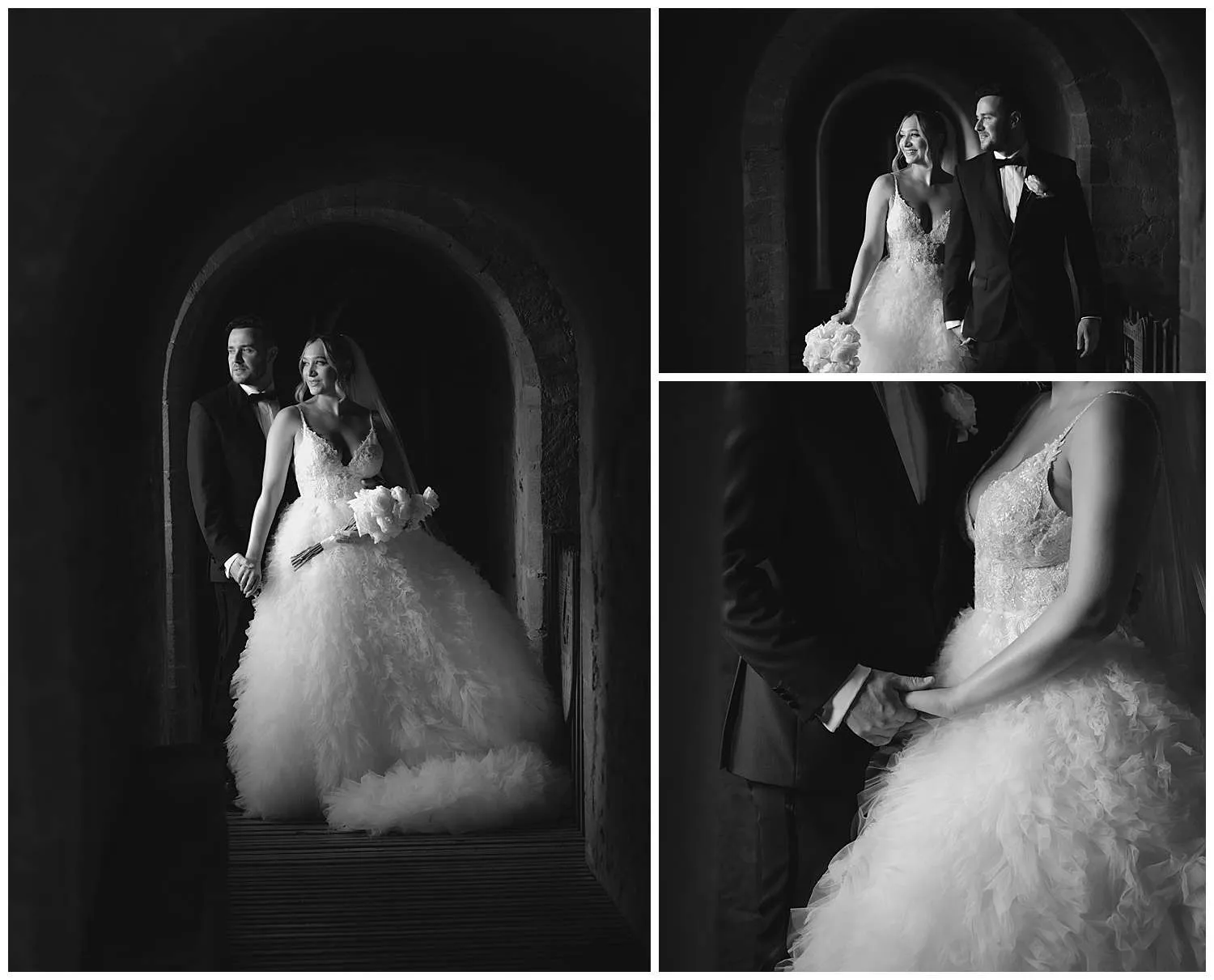 Hedingham Castle Wedding Photographer - black and white portraits of the bride and groom in the castle