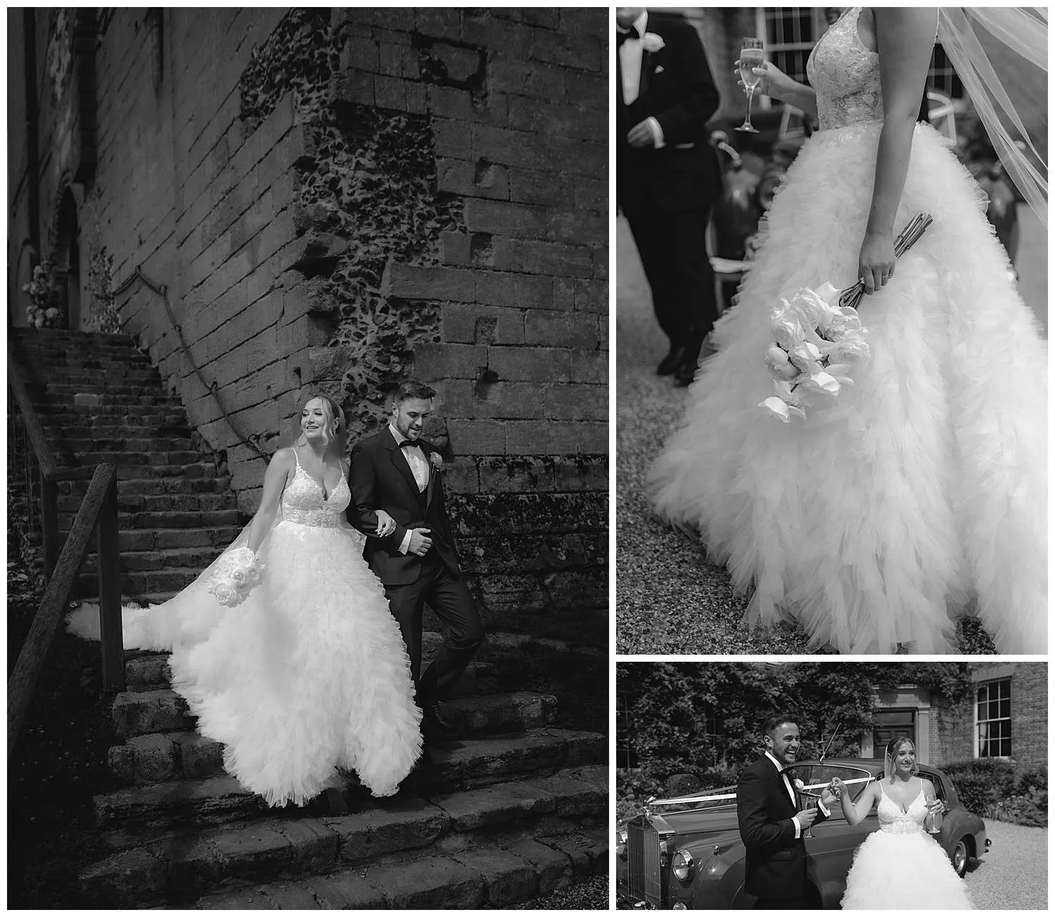Hedingham Castle Wedding Photographer - the bride and groom walk down the castle steps and by the wedding car