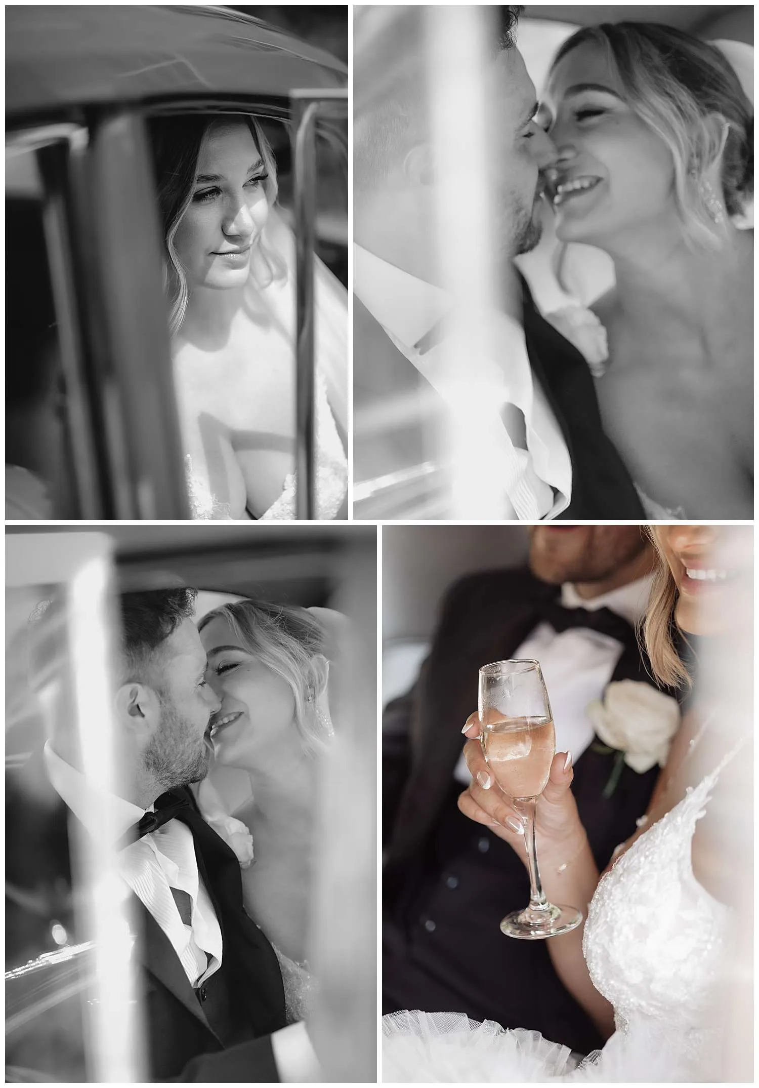 Portraits of the couple in the wedding car