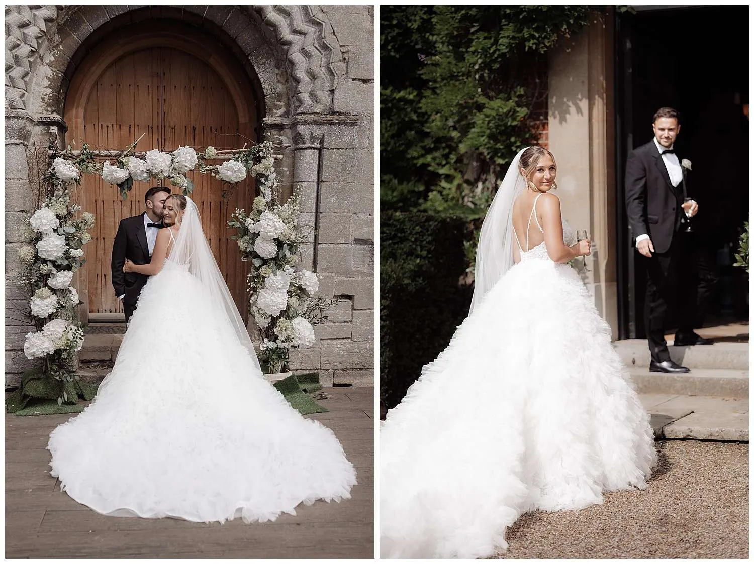 The bride and groom stand by the castle door