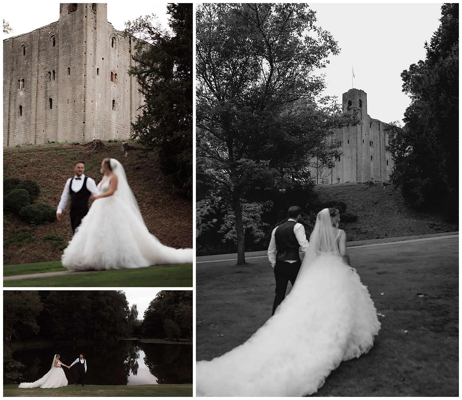 Hedingham Castle Wedding Photographer - the bride and groom walk around the grounds of the castle