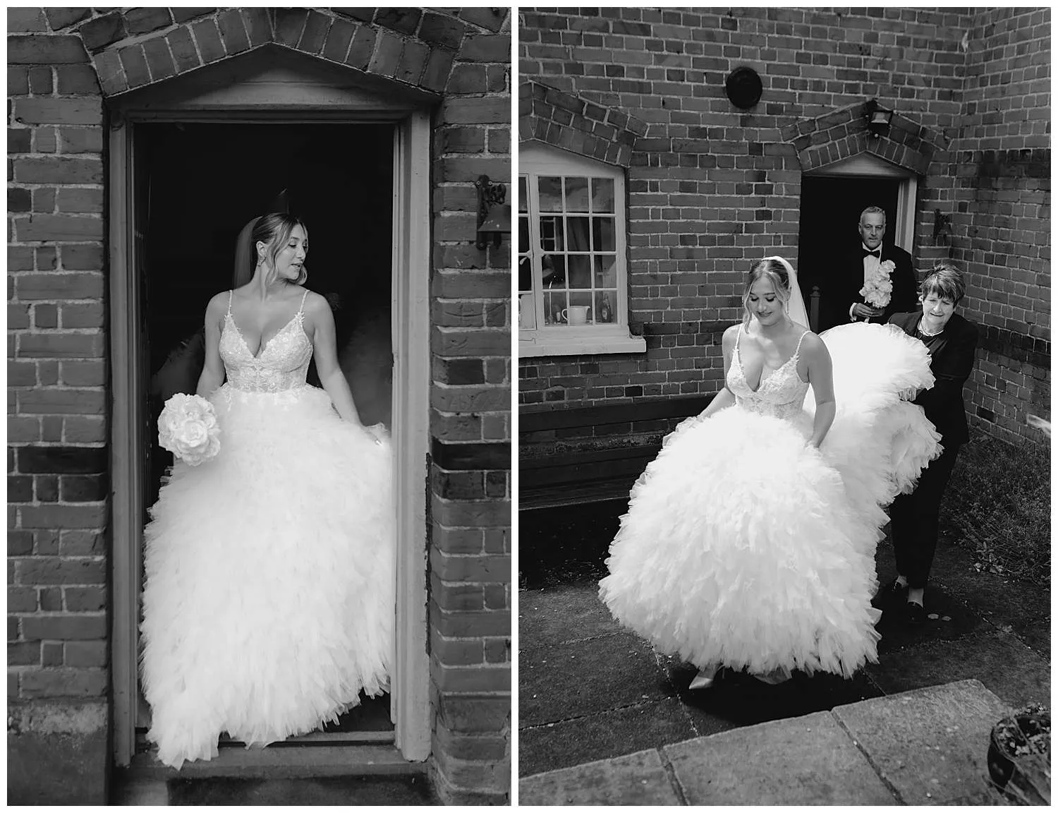 The bride leaves the cottage in her wedding dress