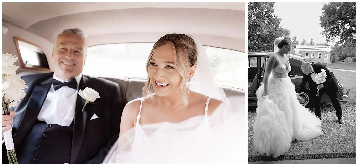The bride and her dad leave in the wedding car