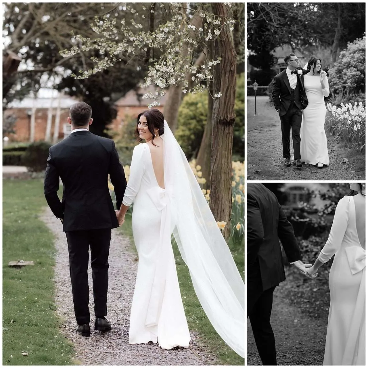 Mulberry House Wedding Photographer - The bride looks back to the camera as they walk towards the camera