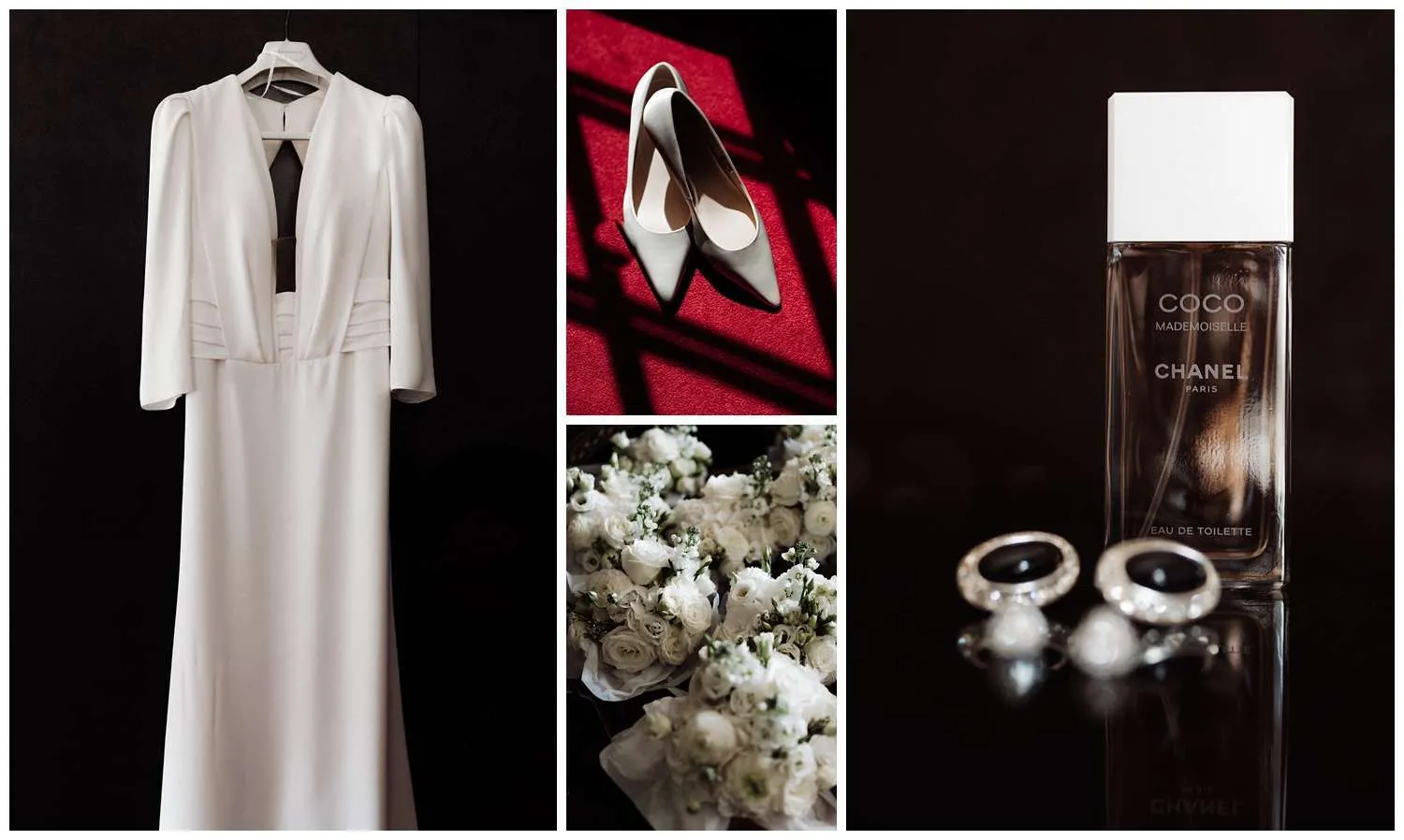 Orsett Hall Wedding Photographer - The bride's wedding dress, shoes, flowers and perfume