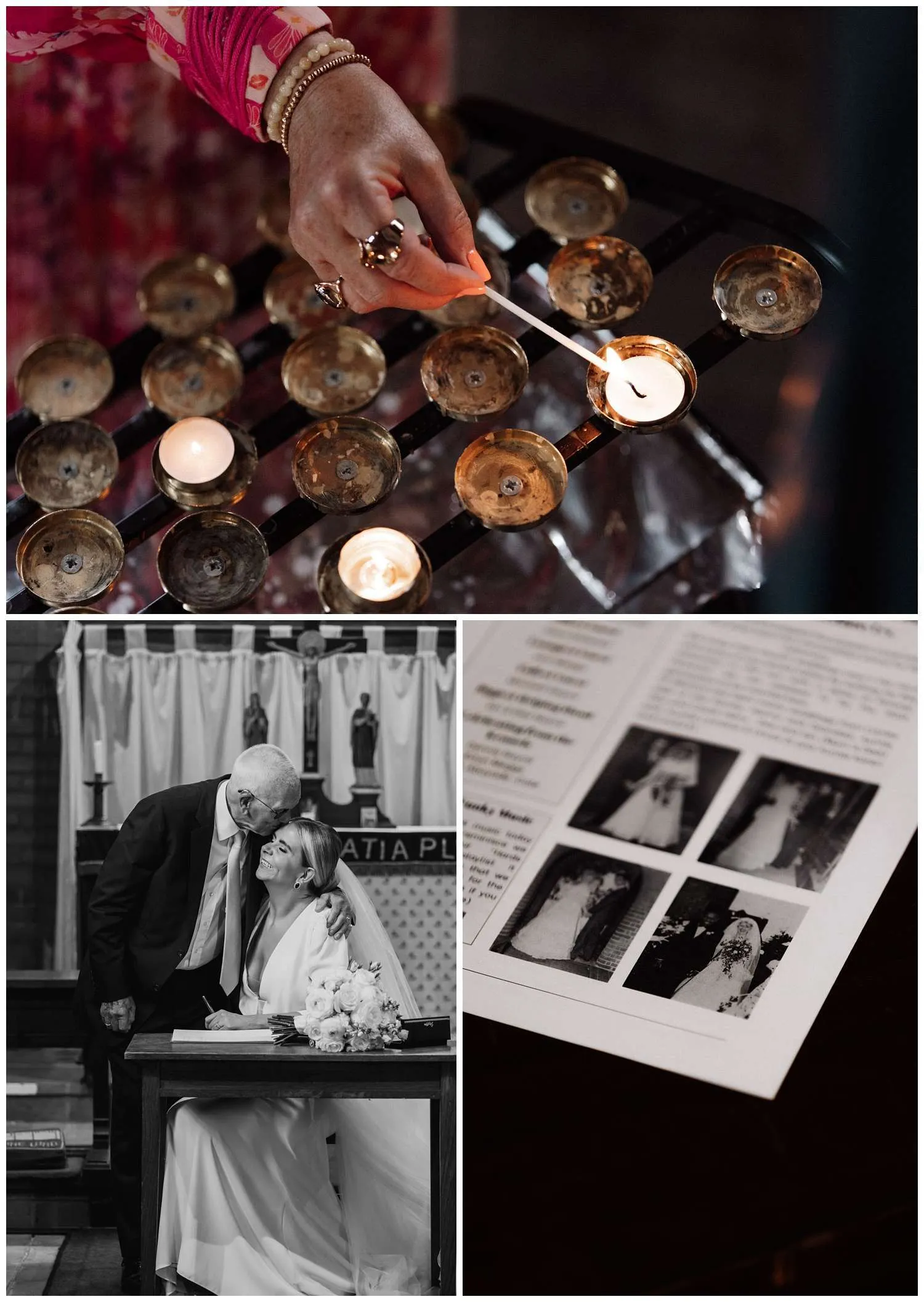 A wedding guest lights a candle and the bride kisses her grandad