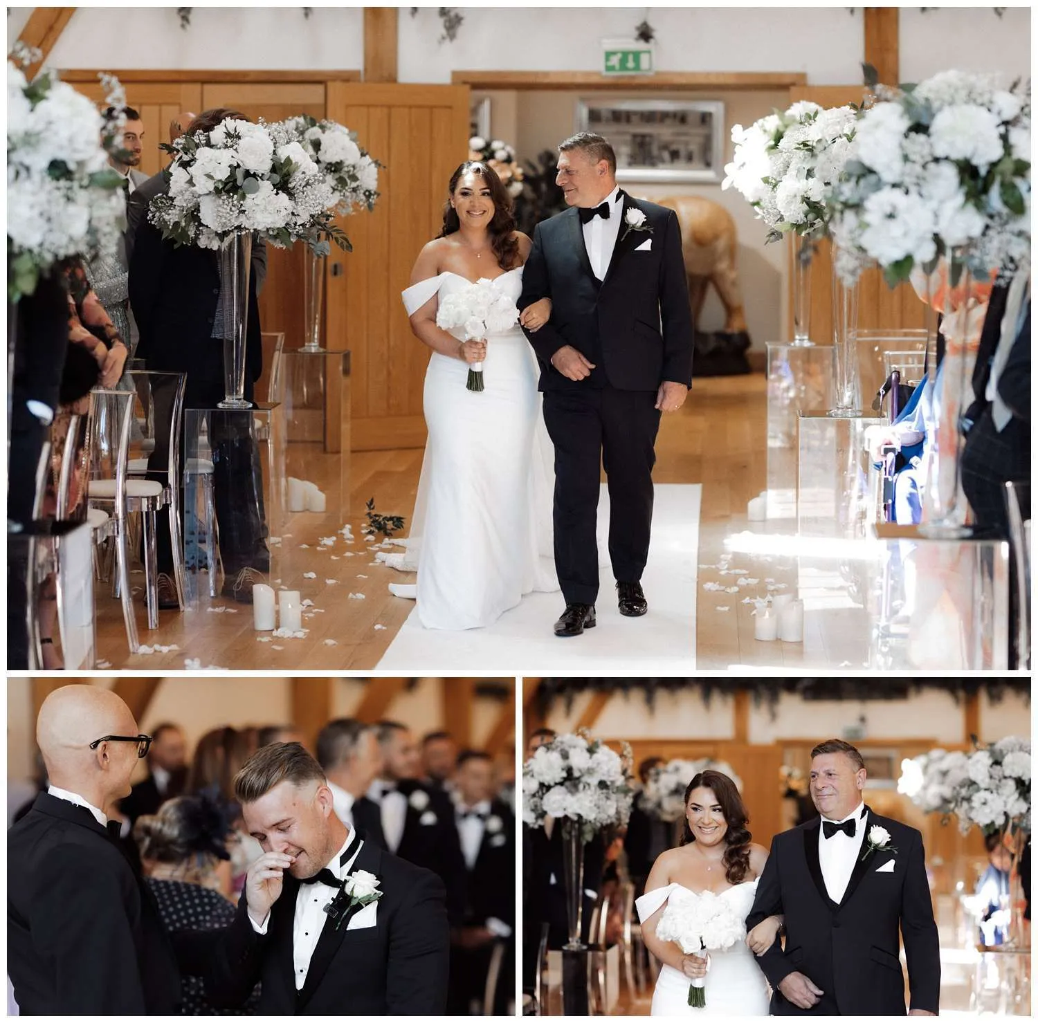 The bride walks down the aisle with her dad during the ceremony