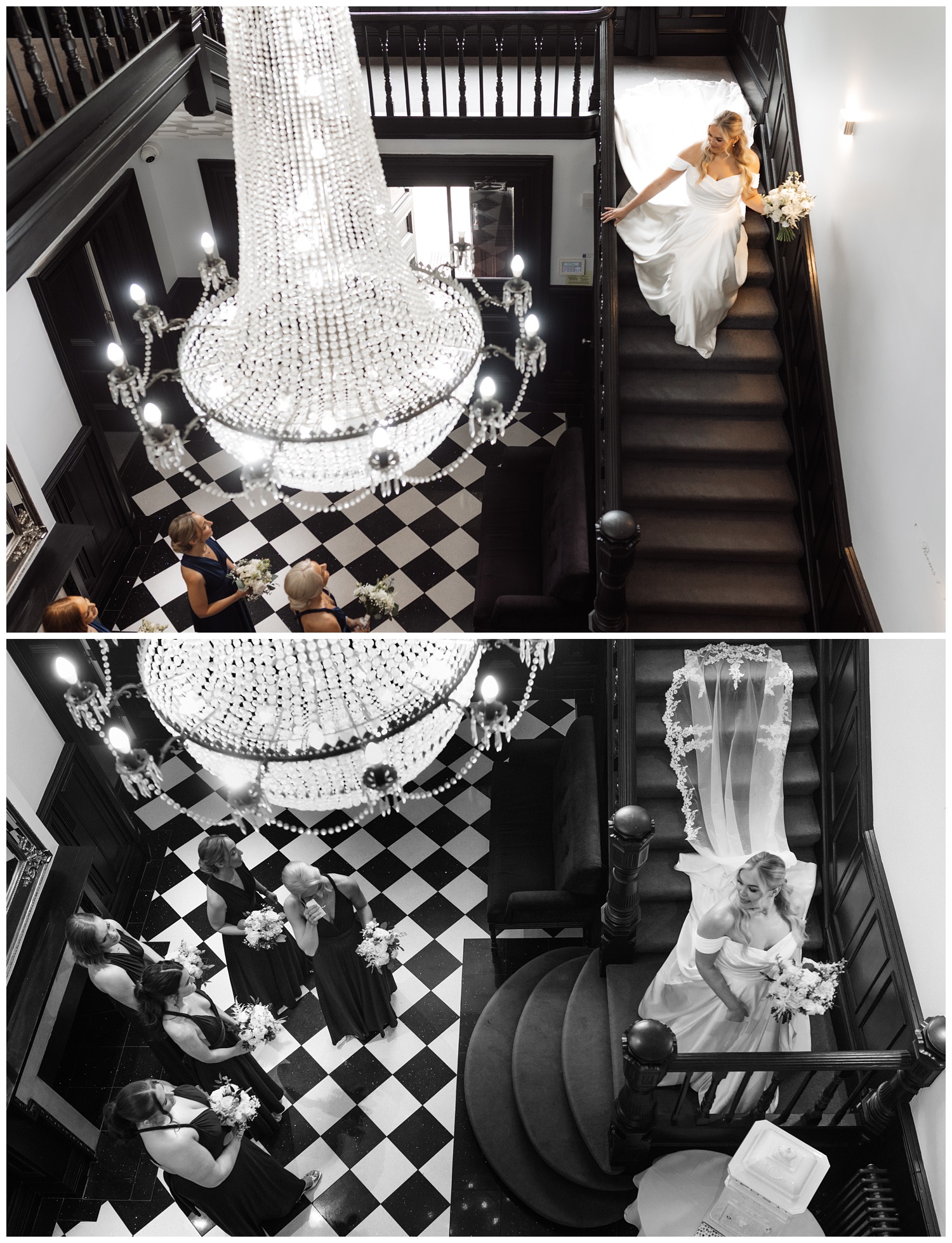 Weddings at Swynford Manor - The bride walks down the stairs on route to the ceremony