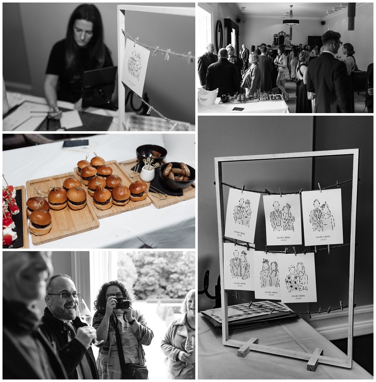 A live illustrator draws wedding guests while they drink and eat canapés