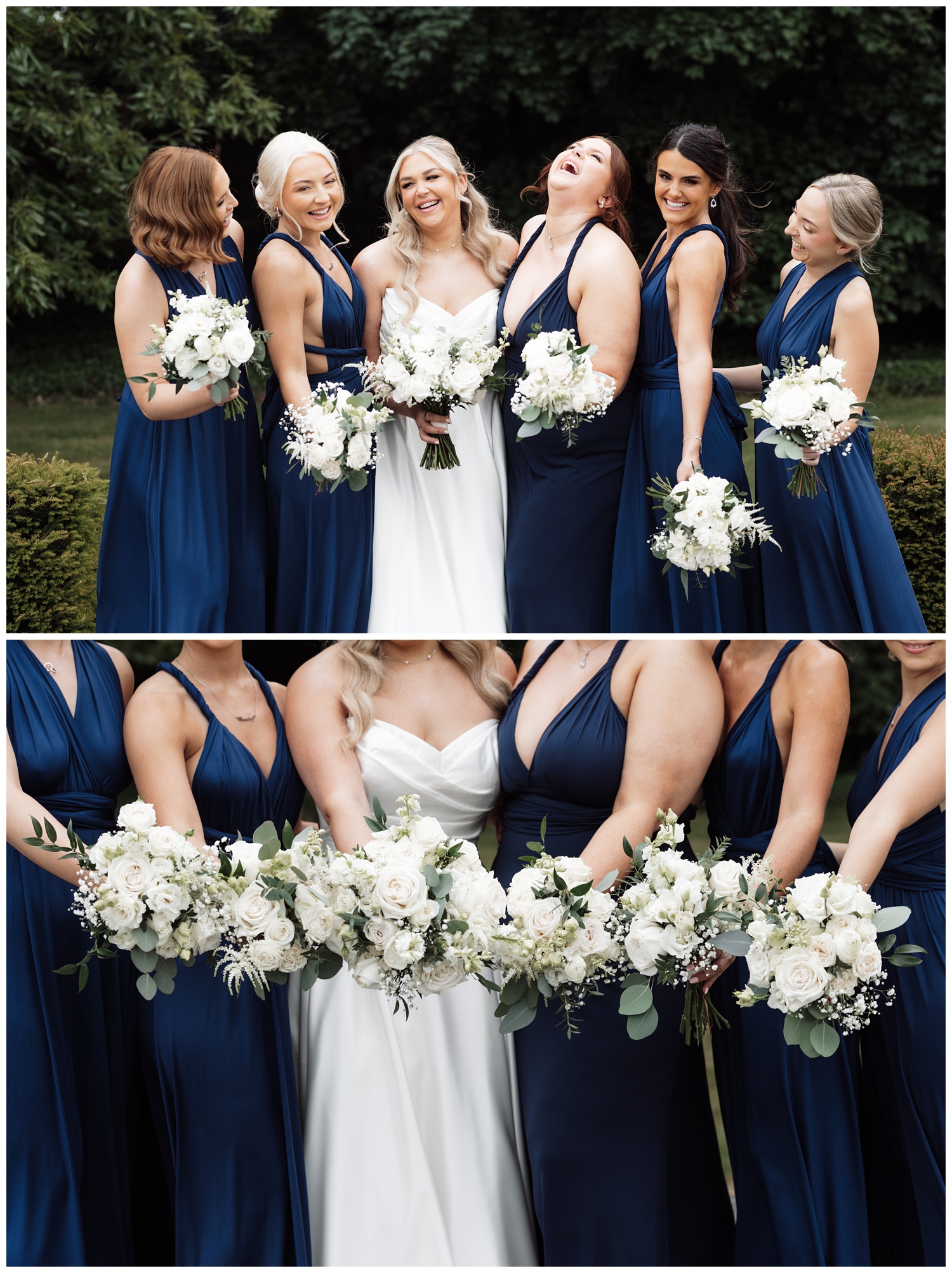 The bride and her bridesmaids pose for a photo with their flowers