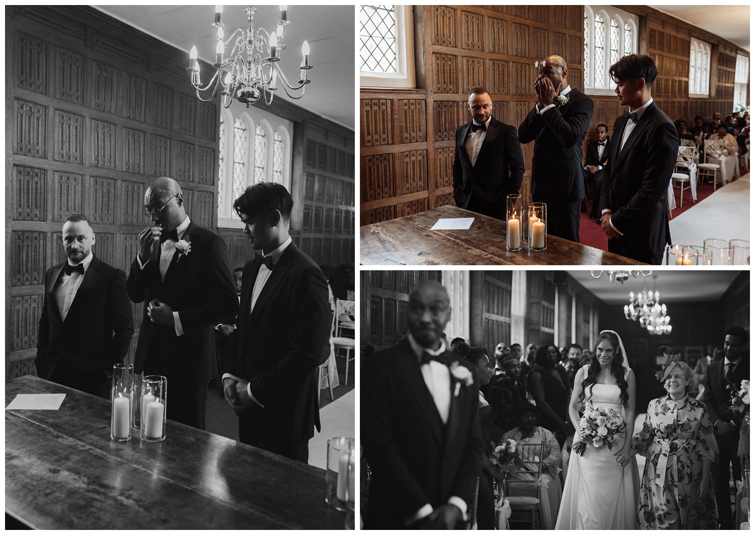 The groom emotional at the altar before the bridal party walk down the aisle