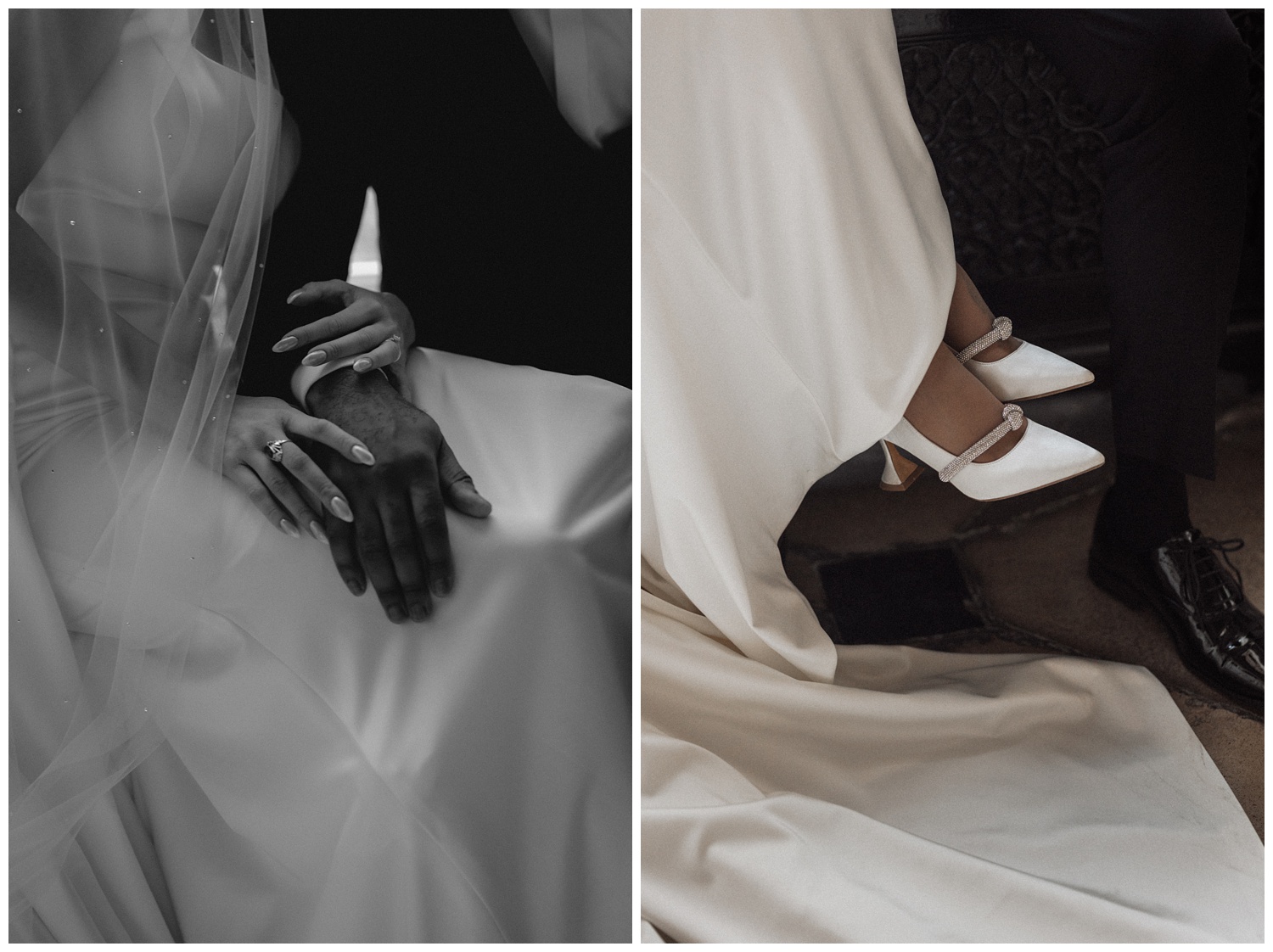 Winter weddings at Gosfield Hall - Detail shots of the brides foot wear and the wedding rings