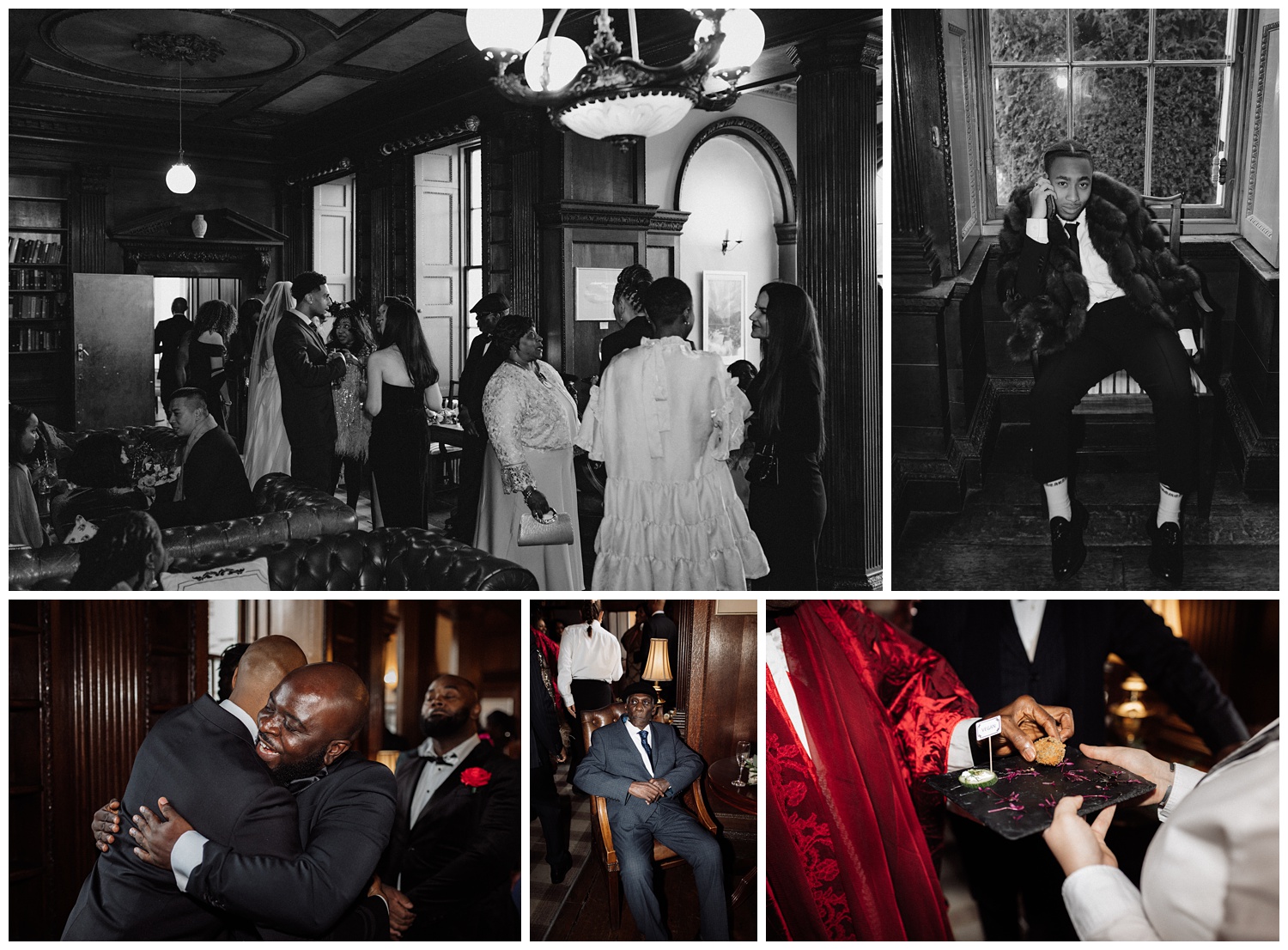 The wedding guests enjoy drinks and canapés in the library at Gosfield Hall