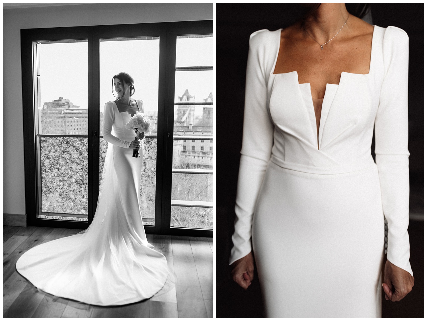 A portrait of the bride by the large bay window