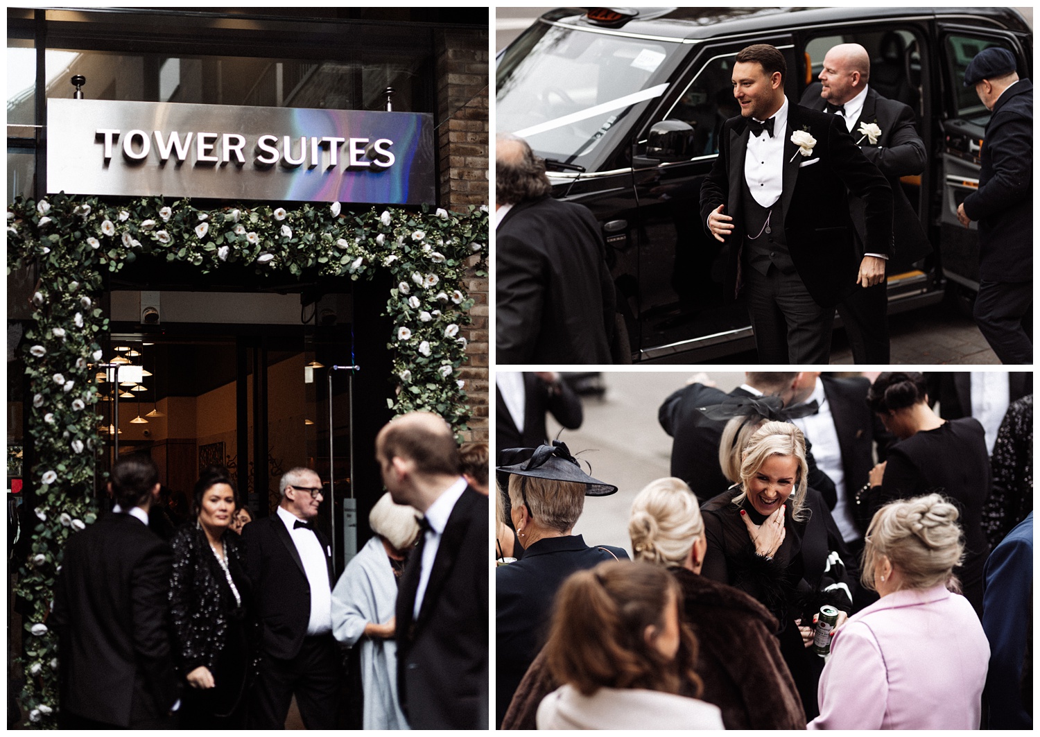 The wedding guests leave the hotel to go to the ceremony venue