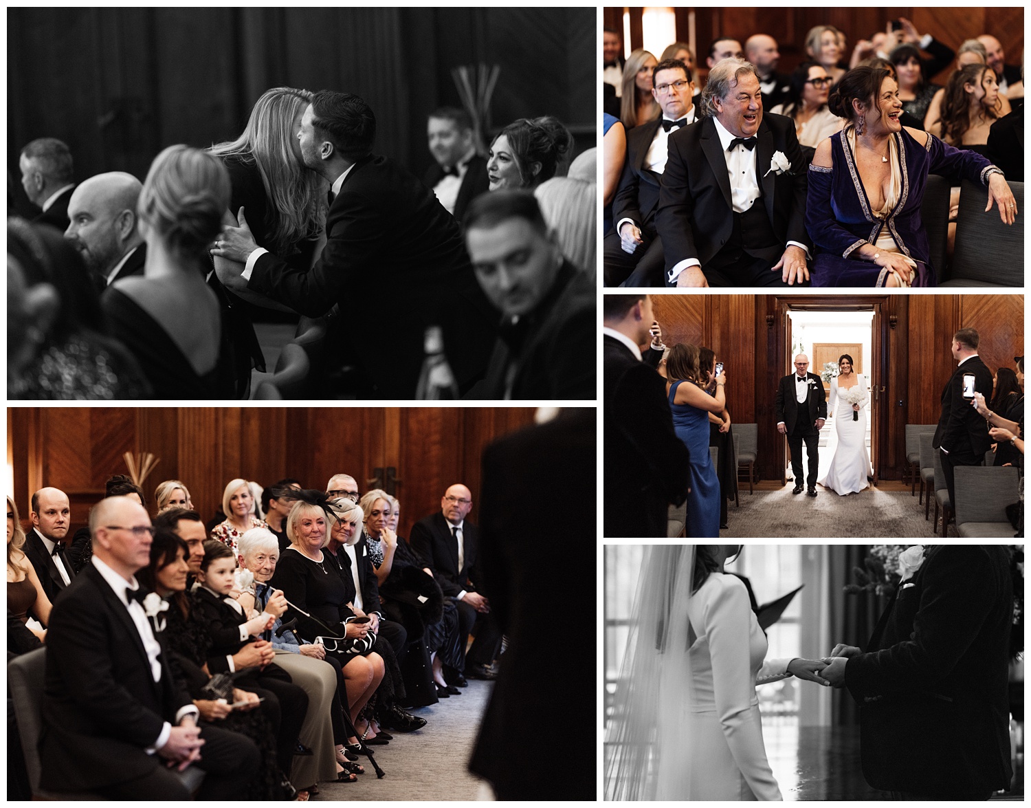 Guests are seated in the ceremony room as the bride walks down the aisle