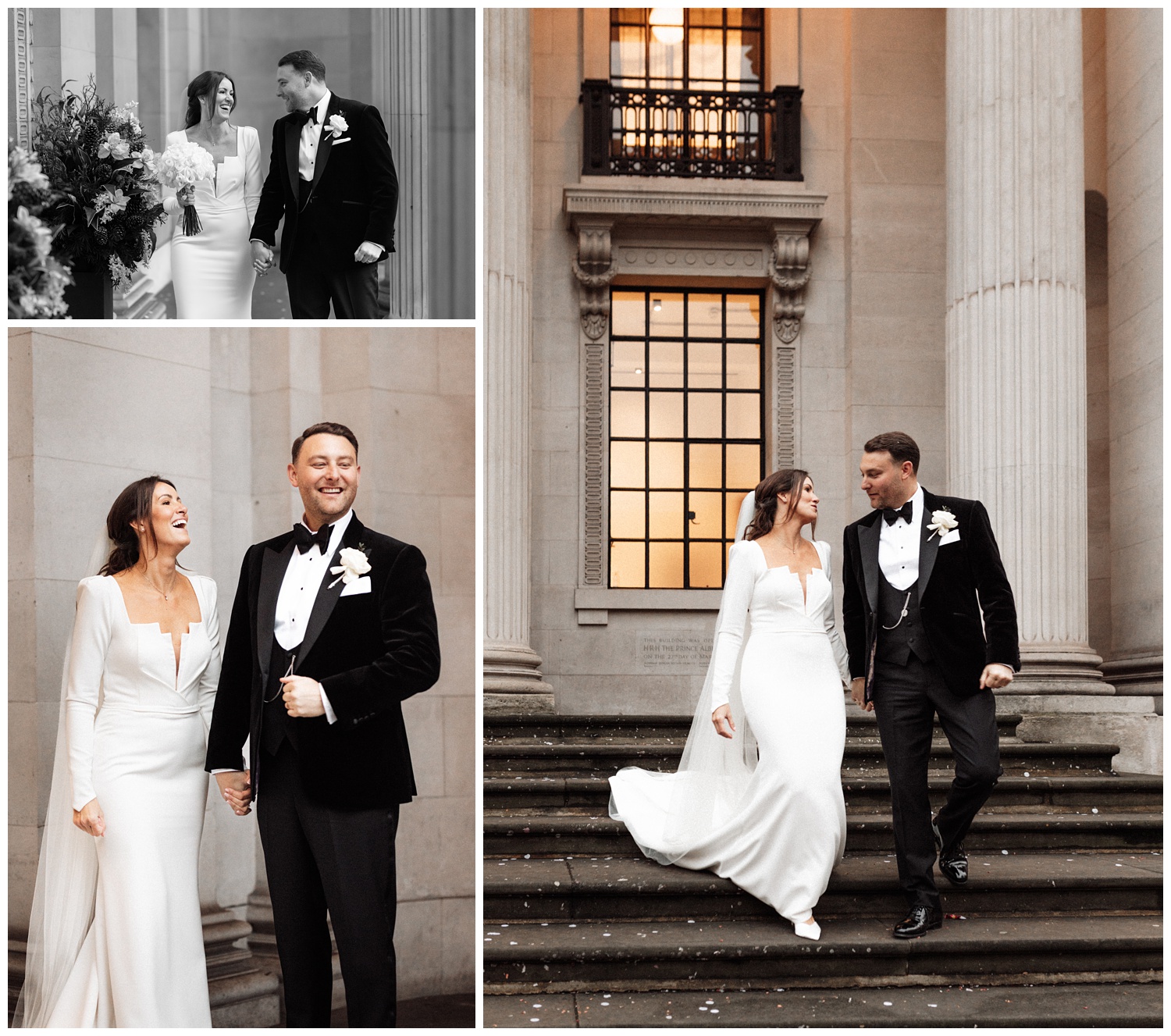 Marylebone Town Hall Wedding photographer - The bride and groom enjoy a moment together on the venue stairs