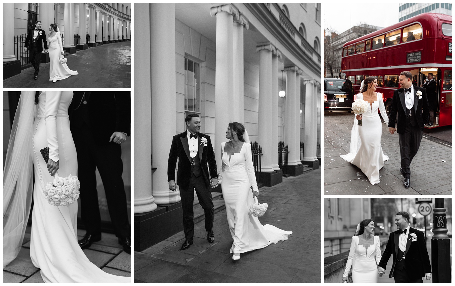 The bride and groom walk around London for their couple shots
