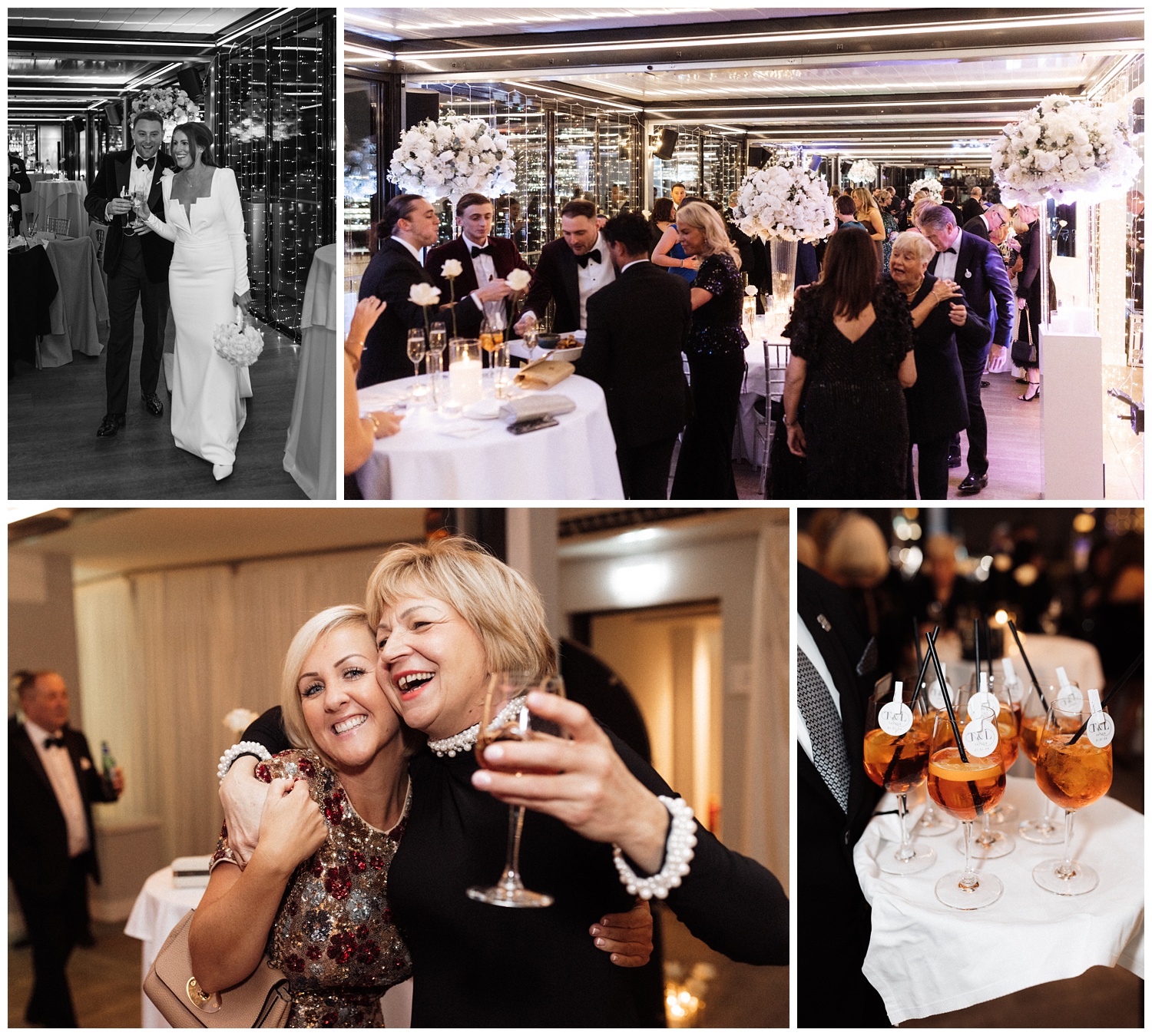 The wedding guests enjoy drinks and canapés at the reception